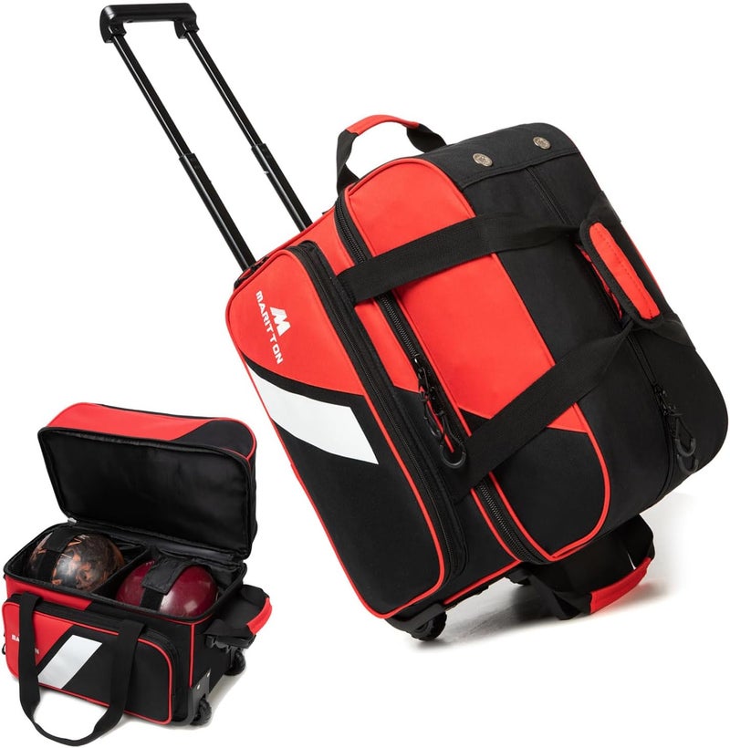 MARITTON Bowling Bag with Wheels Double Roller 2 Ball Bowling Separate Shoe Compartment and Oversized Accessory Pocket, 36.6" Extendable Handle. - Image 1